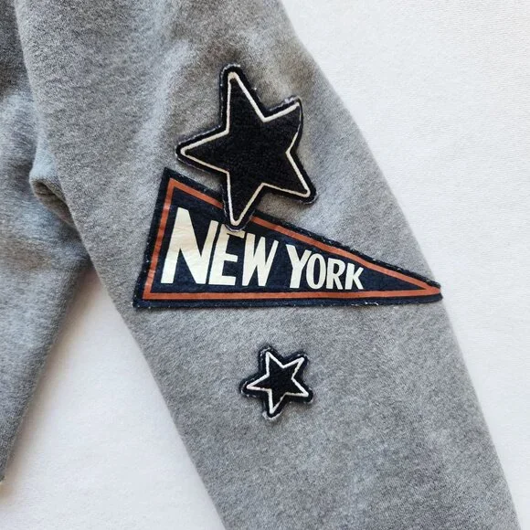 Gray Cropped Sweatshirt New York Floral Patches Upcycled Cute Casual Gym Sporty - Picture 7 of 11